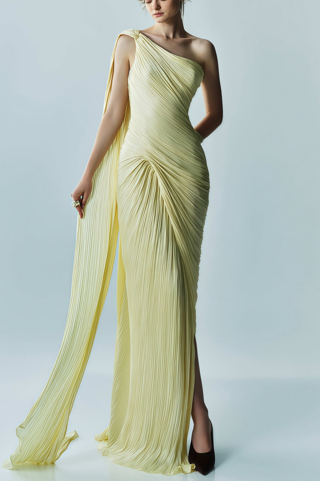 Meissa Yellow Asymmetrical Ruched Maxi Dress