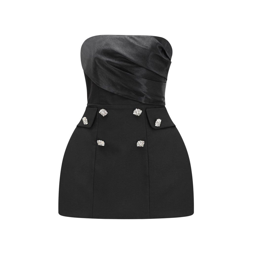Vestido mini de salsa negra con botones de cristal y estilo acampanado, diseñado por Final Sale, visible en la imagen.
