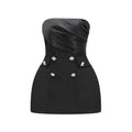Vestido mini de salsa negra con botones de cristal y estilo acampanado, diseñado por Final Sale, visible en la imagen.