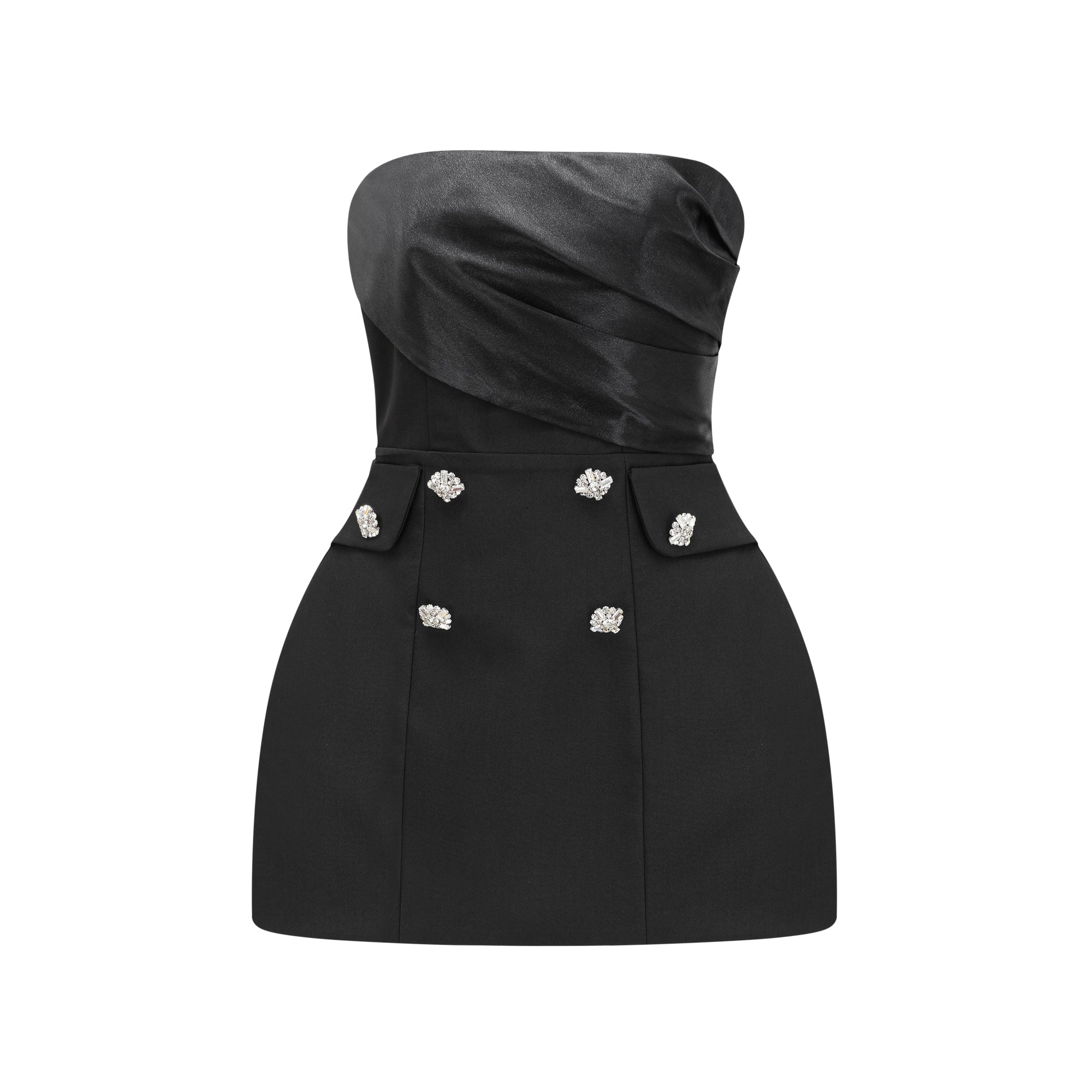 Vestido mini de salsa negra con botones de cristal y estilo acampanado, diseñado por Final Sale, visible en la imagen.