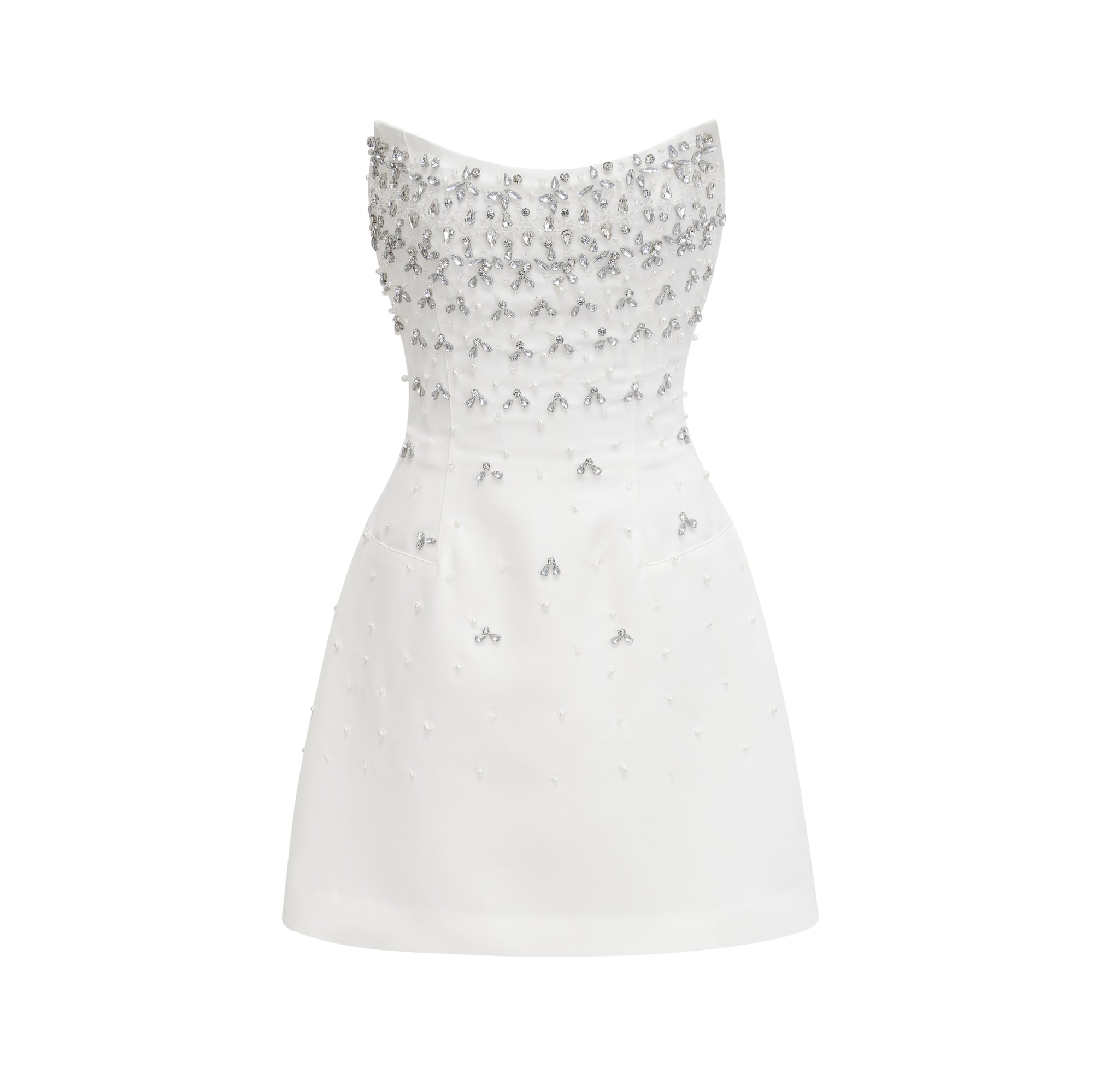 Vestido mini blanco Melisande con adornos, con detalles elegantes y ajustado, ideal para ocasiones especiales.
