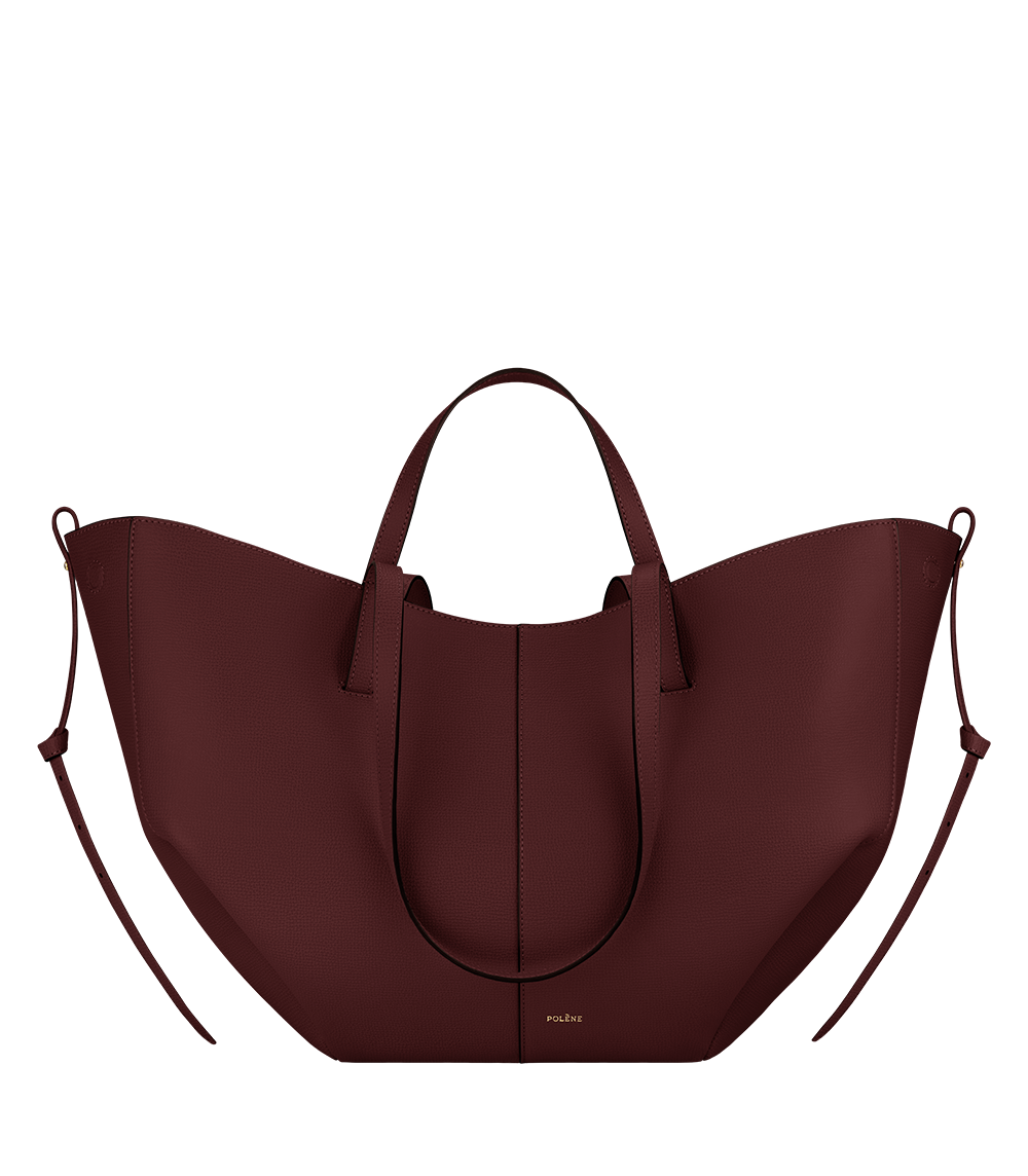 Bolso de mano Polène Cyme en piel granulada de cereza negra, vista frontal del diseño elegante y texturizado.