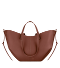 Bolso de mano Polène Cyme en piel granulada color coñac, vista frontal del diseño y textura.