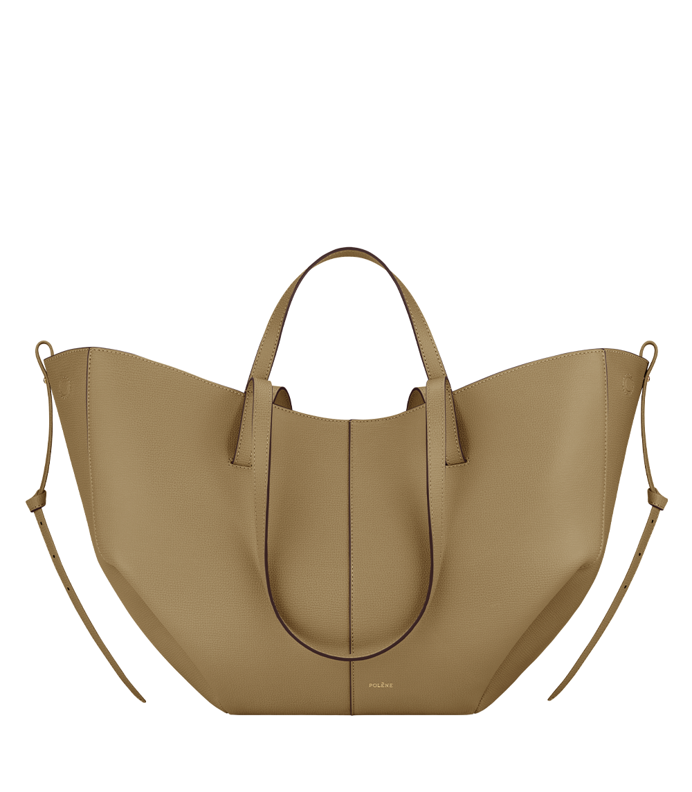 Bolso de mano Polène Cyme en piel de oliva ahumada con textura granulada, vista frontal.