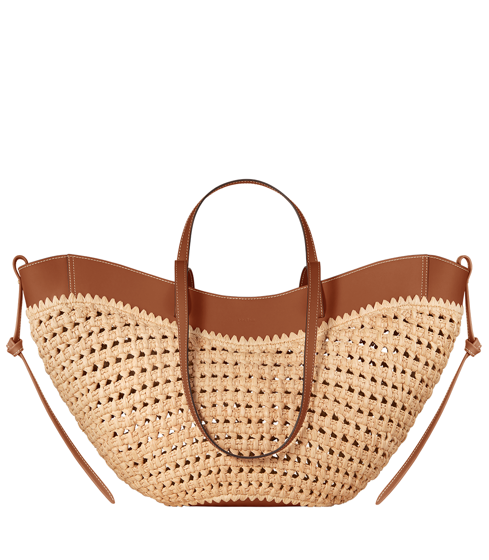 Bolso de mano Polène Cyme en rafia, vista frontal mostrando diseño elegante y textura natural del material.