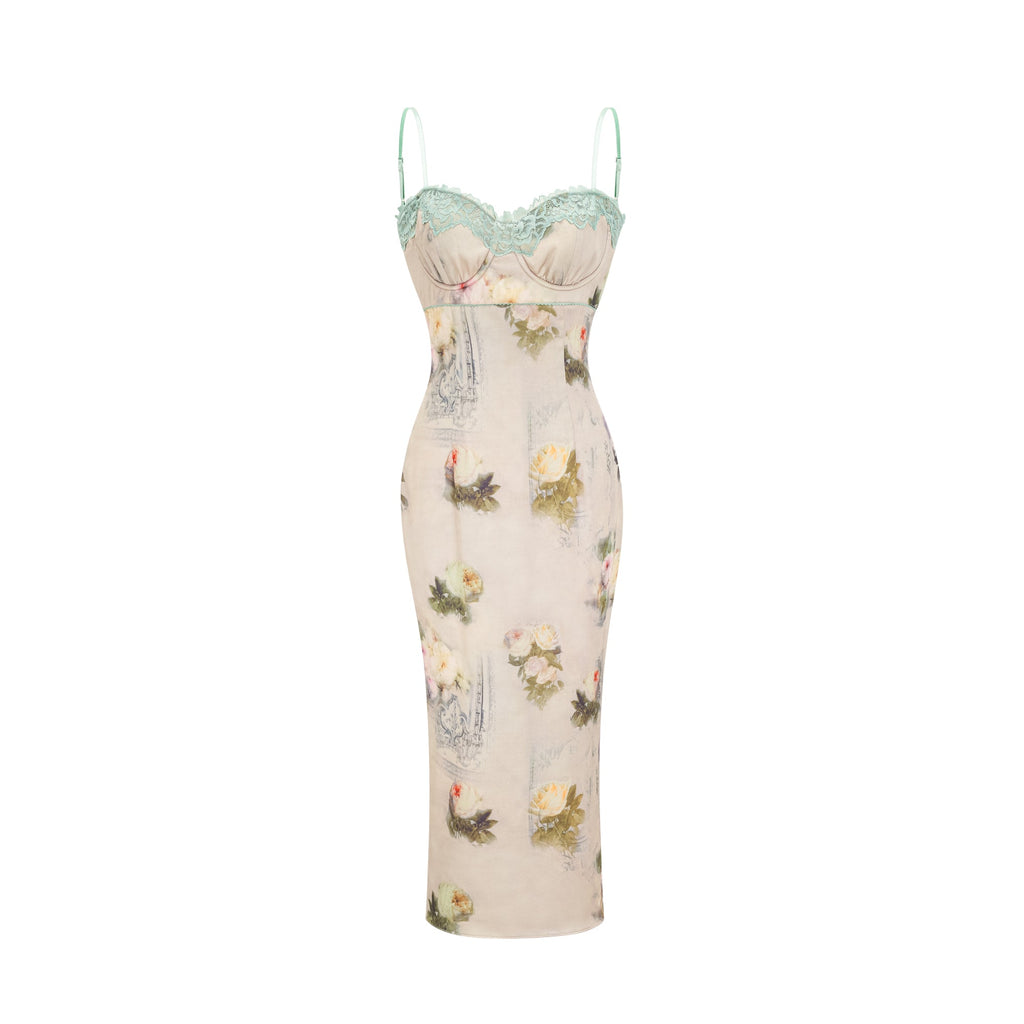 Vestido midi de encaje con estampado floral de la marca Final Sale, con detalles de encaje en el escote y manga, en color suave.