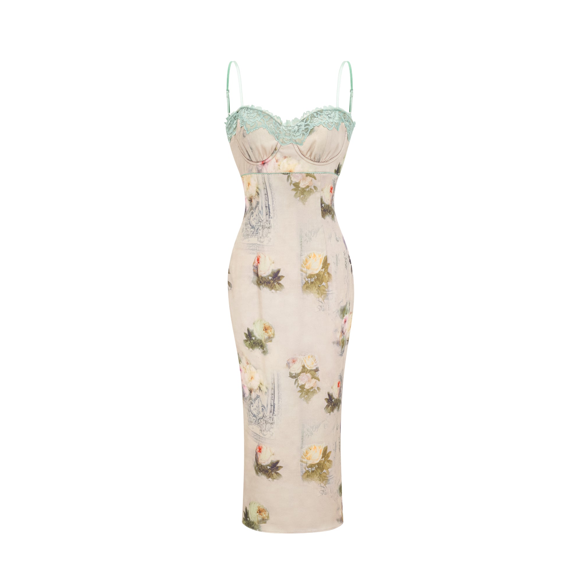 Vestido midi de encaje con estampado floral de la marca Final Sale, con detalles de encaje en el escote y manga, en color suave.