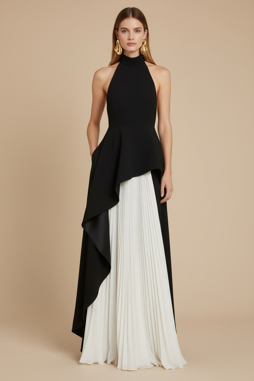 INÉS | Vestido largo de capas con cuello halter - Angela Puerto
